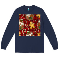 Navy christmas gingerbread cookie house seamless pattern Long Sleeve Tee - BundleAndBundleShop