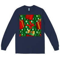 Navy christmas surprise gift box seamless pattern Long Sleeve Tee - BundleAndBundleShop