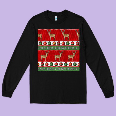 Christmas Deer And Ornaments Seamless Pattern Long Sleeve Tee Designed By Bundleandbundleshop