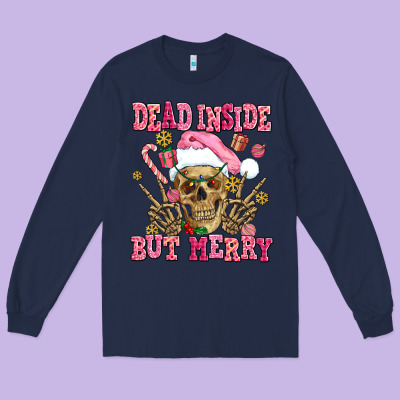 Dead Inside But Merry  Pink Christmas Skeleton Long Sleeve Tee Designed By Adodesignshop