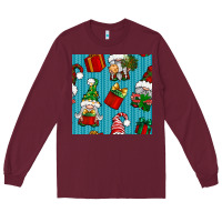 Burgundy christmas gnomes and gift box seamless pattern Long Sleeve Tee - BundleAndBundleShop