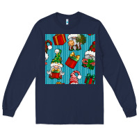 Navy christmas gnomes and gift box seamless pattern Long Sleeve Tee - BundleAndBundleShop