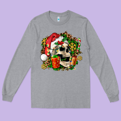 Christmas Skull And Gift Long Sleeve Tee Designed By Adodesignshop