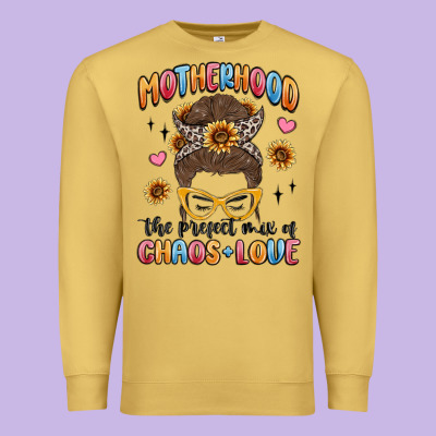 Motherhood The Perfect Mix Of Chaos And Love Premium Sweatshirt Designed By Maliassmallbusiness