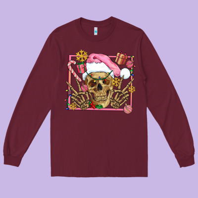 Pink Christmas Skeleton Long Sleeve Tee Designed By Adodesignshop