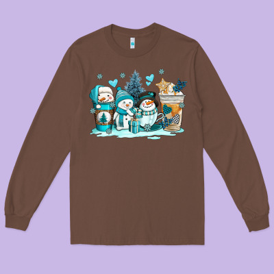 Winter Snowman Coffee Cups Long Sleeve Tee Designed By Adodesignshop