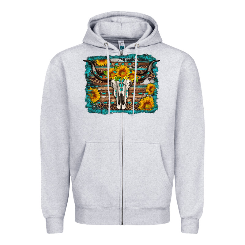 Longhorn Bull Skull Western Turquoise Background Zipper Hoodie by Artiststas | Teevron