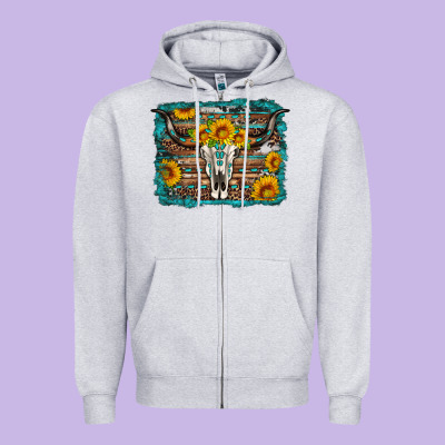 Longhorn Bull Skull Western Turquoise Background Zipper Hoodie Designed By Artiststas