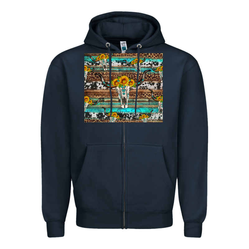 Longhorn Bull Skull Cowhide Leopard Turquoise Zipper Hoodie by Artiststas | Teevron