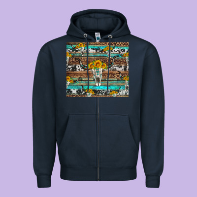 Longhorn Bull Skull Cowhide Leopard Turquoise Zipper Hoodie Designed By Artiststas