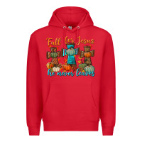 Red fall for jesus he never leaves Premium Hoodie - BundleAndBundleShop