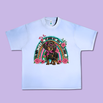 Dachshund Dog Pink  Floral Rainbow Urban Heavy Tee Designed By Barkaloodesign