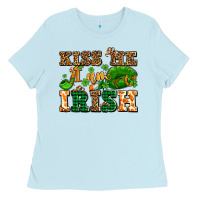 Baby Blue kiss me i am irish  with lips and shamrocks Ladies Tee - AdoDesignShop