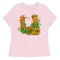 Bubblegum Pink horseshoe with shamrocks and coin Ladies Tee - AdoDesignShop