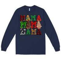Navy mama mama mama with christmas lights and christmas tree cakes Long Sleeve Tee - AdoDesignShop