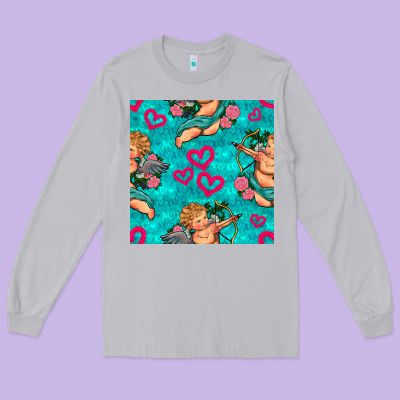 Valentines Day Cupid And Neon Heart Seamless Pattern Long Sleeve Tee Designed By Bundleandbundleshop