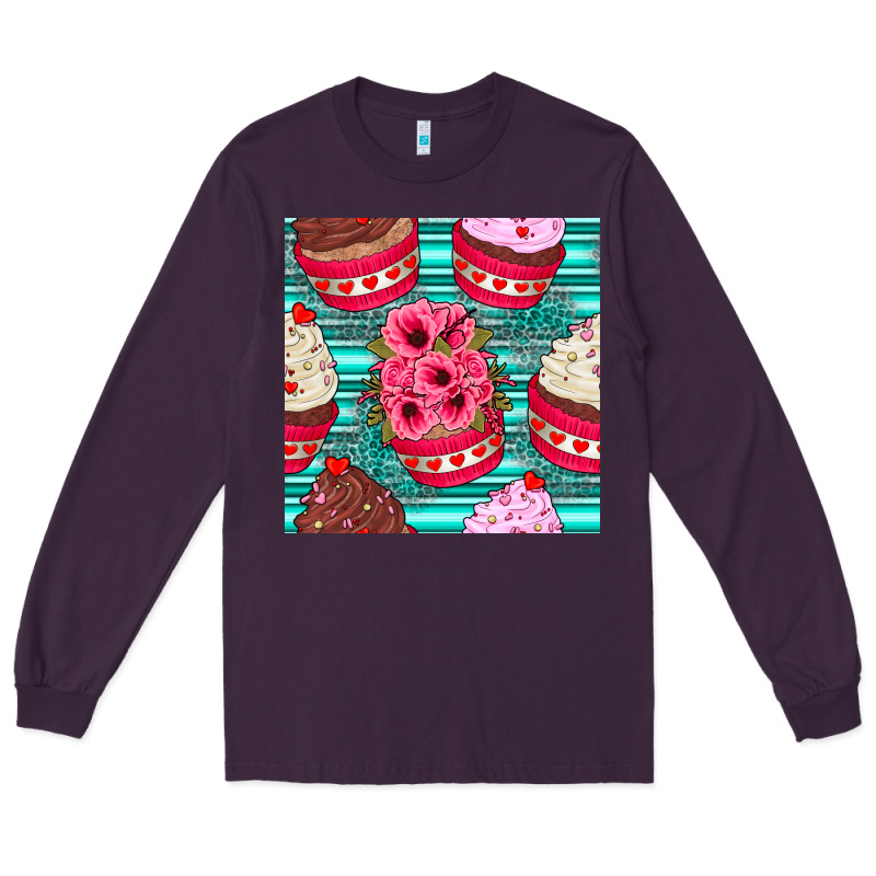 Valentines Day Flower Cupcakes And Serape Seamless Pattern Long Sleeve Tee by BundleAndBundleShop | Teevron