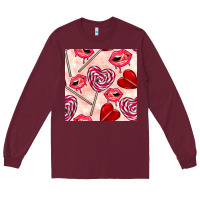 Burgundy valentines day lollipops and lips seamless pattern Long Sleeve Tee - BundleAndBundleShop