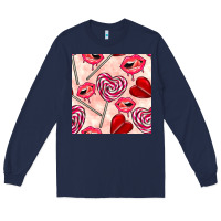 Navy valentines day lollipops and lips seamless pattern Long Sleeve Tee - BundleAndBundleShop