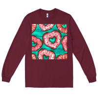 Burgundy valentines day heart donuts seamless pattern Long Sleeve Tee - BundleAndBundleShop