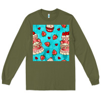 Army Green valentines day cake and strawberries seamless pattern Long Sleeve Tee - BundleAndBundleShop