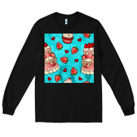 Black valentines day cake and strawberries seamless pattern Long Sleeve Tee - BundleAndBundleShop