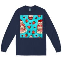 Navy valentines day cake and strawberries seamless pattern Long Sleeve Tee - BundleAndBundleShop