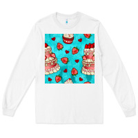 White valentines day cake and strawberries seamless pattern Long Sleeve Tee - BundleAndBundleShop