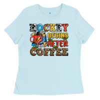 Baby Blue hockey begins after coffee ado Ladies Tee - AdoDesignShop