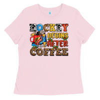 Bubblegum Pink hockey begins after coffee ado Ladies Tee - AdoDesignShop