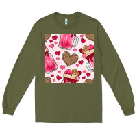 Army Green valentines day milkshake seamless pattern Long Sleeve Tee - BundleAndBundleShop