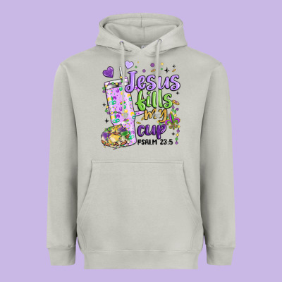 Mardi Gras Jesus Fills My Cup Heavyweight Hoodie Designed By Maliassmallbusiness