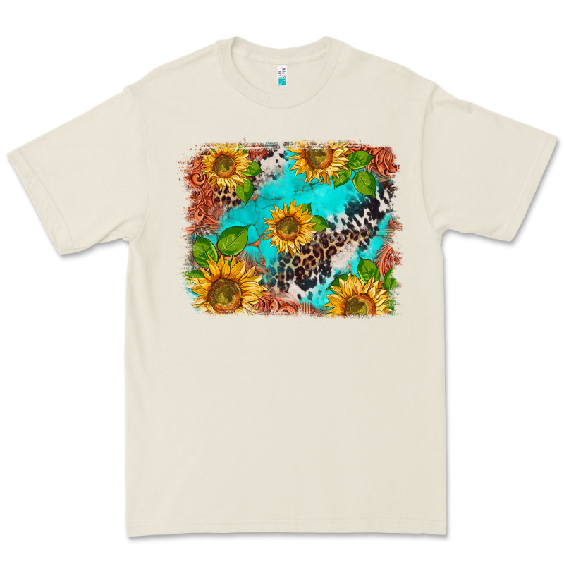 Western Sunflowers Turquoise Cowhide  Tooled Leather Premium Tee by BarkalooDesign | Teevron