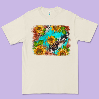 Western Sunflowers Turquoise Cowhide  Tooled Leather Premium Tee Designed By Barkaloodesign