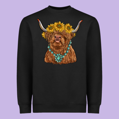 Highland Cow With Sunflower And Gemstone Heavyweight Sweatshirt Designed By Ranaportraitstore