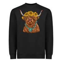 Black highland cow with sunflower and gemstone Heavyweight Sweatshirt - RanaPortraitStore