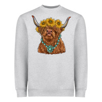 Heather Grey highland cow with sunflower and gemstone Heavyweight Sweatshirt - RanaPortraitStore