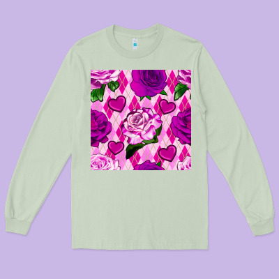 Valentines Day Roses And Diamond Plaid Seamless Pattern Long Sleeve Tee Designed By Bundleandbundleshop