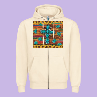Western Gemstone Cross Sunflowers Leopard Serape Glitter Wooden Tumble Zipper Hoodie Designed By Artiststas