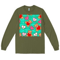 Army Green valentines day teddy bears and cookies seamless pattern Long Sleeve Tee - BundleAndBundleShop