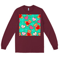 Burgundy valentines day teddy bears and cookies seamless pattern Long Sleeve Tee - BundleAndBundleShop