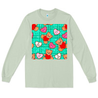 Matcha valentines day teddy bears and cookies seamless pattern Long Sleeve Tee - BundleAndBundleShop