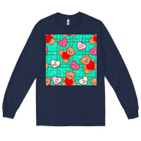Navy valentines day teddy bears and cookies seamless pattern Long Sleeve Tee - BundleAndBundleShop