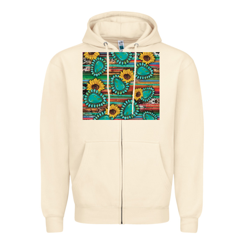 Western Gemstone Sunflowers Serape Cowhide Glitter Wooden Zipper Hoodie by Artiststas | Teevron