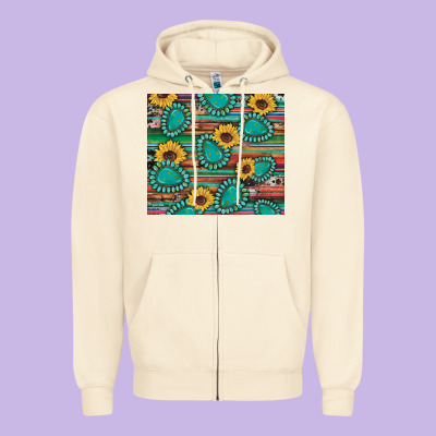 Western Gemstone Sunflowers Serape Cowhide Glitter Wooden Zipper Hoodie Designed By Artiststas