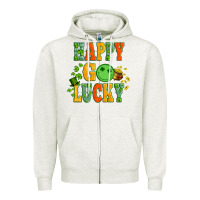 Oatmeal Heather happy go lucky  with coin and shamrock Zipper Hoodie - Artiststas
