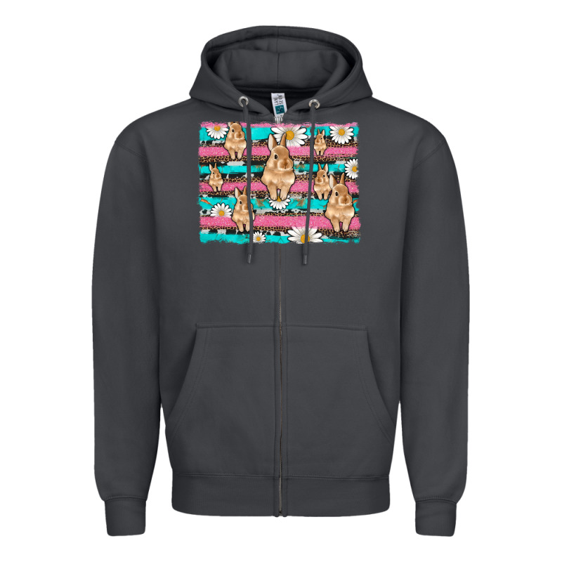 Easter Bunny With Daisy And Turquoise Cowhide Leopard  Background Zipper Hoodie by Artiststas | Teevron