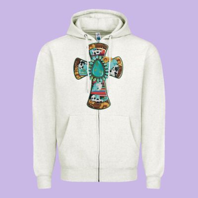 Cross With Leopard Sunflower Gemstone Serape Cowhide Zipper Hoodie Designed By Artiststas