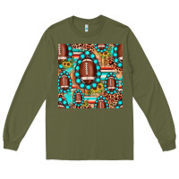 Army Green football leopard turquoise gemstone sunflower seamless pattern Long Sleeve Tee - JahusDesignShop
