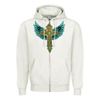Oatmeal Heather wing cross Zipper Hoodie - Artiststas